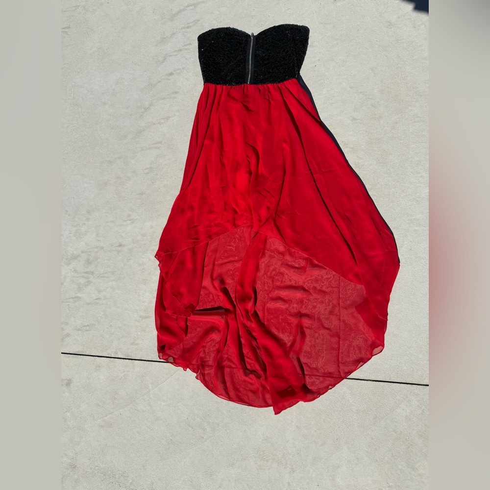 Strapless Red High-Low dress with Black Bodice